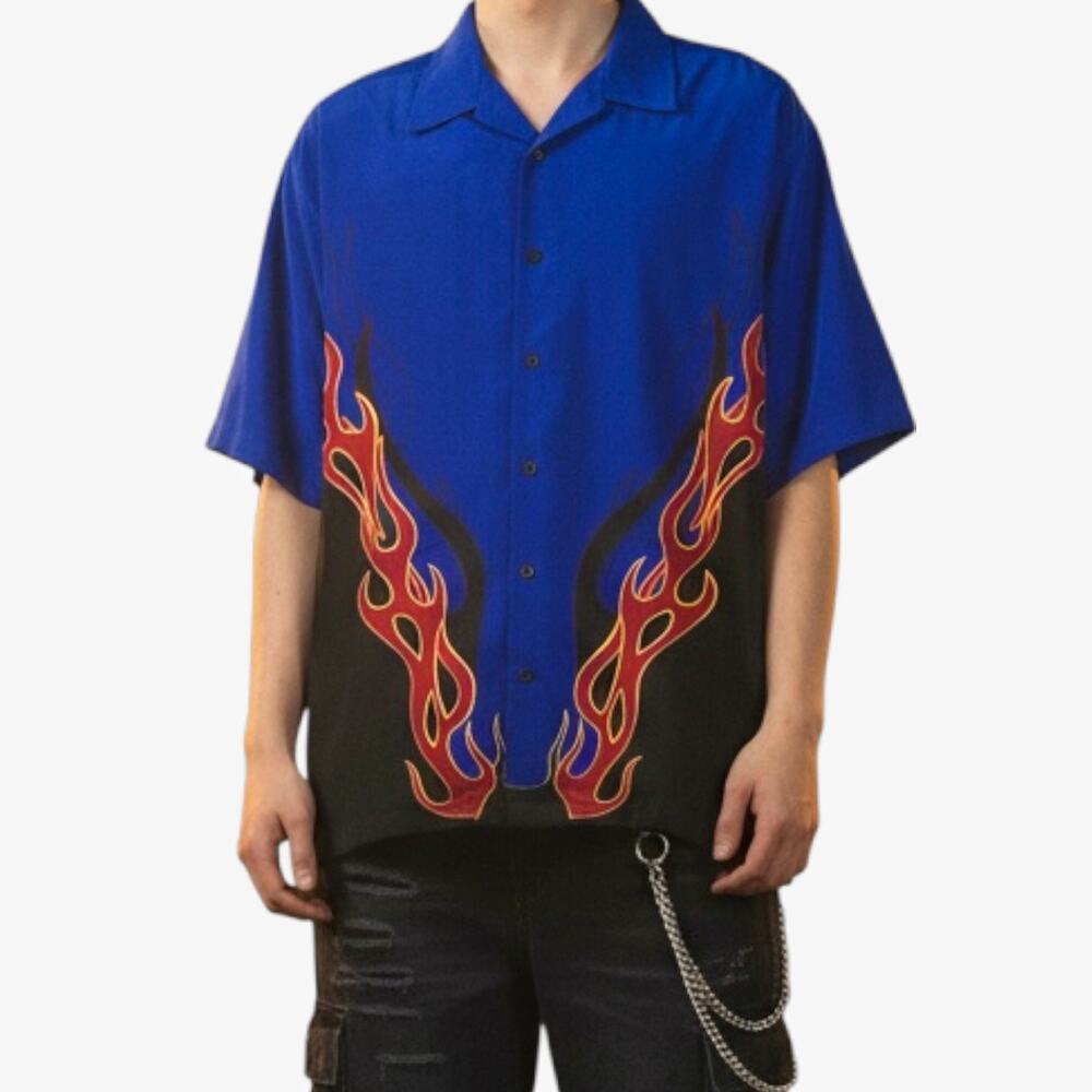 VTG Y2K McBling Skater No Boundaries Flames Tribal Graphic Button Shirt Sz L